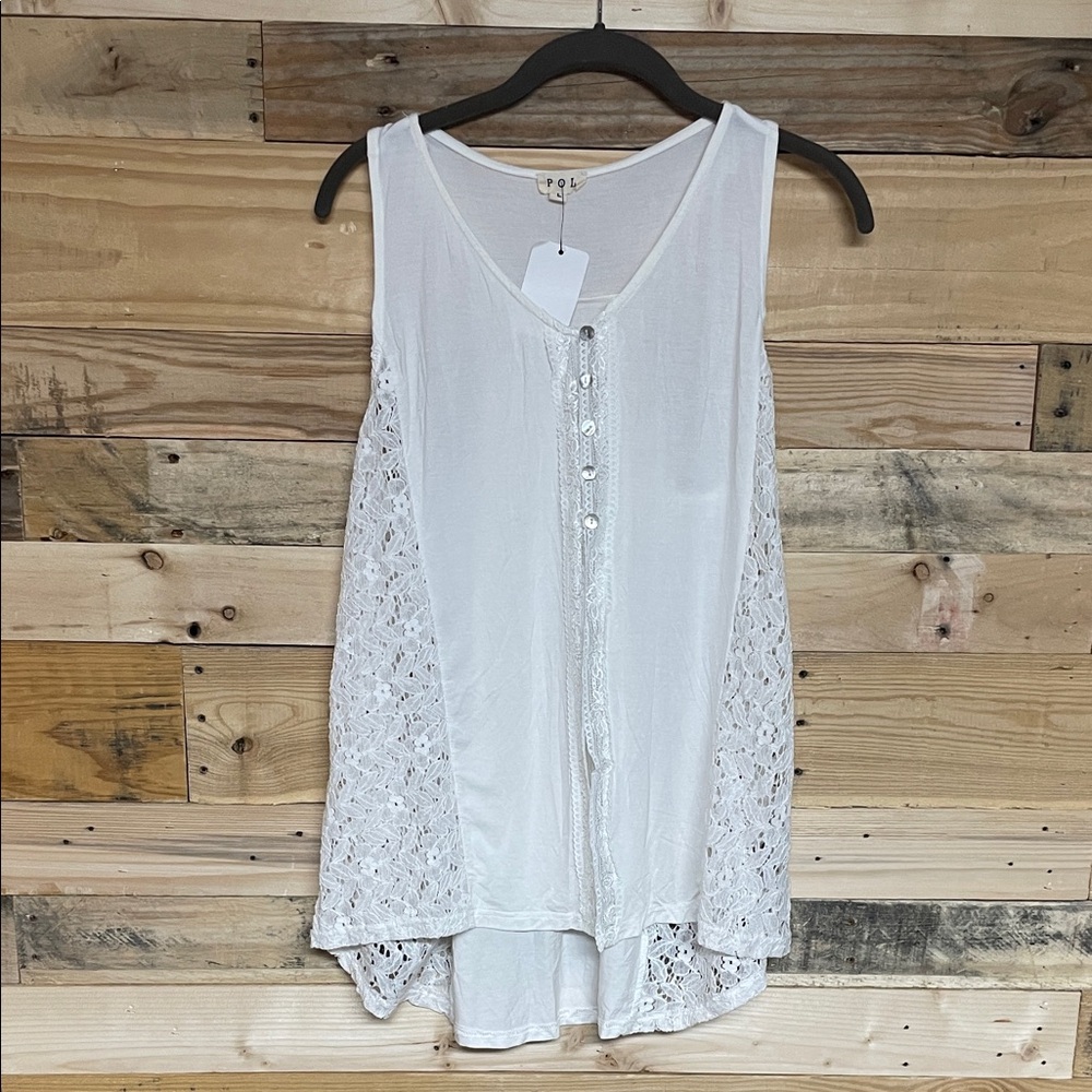 POL size Large White Three Button Lace Sleeveless Open Front Soft Blouse